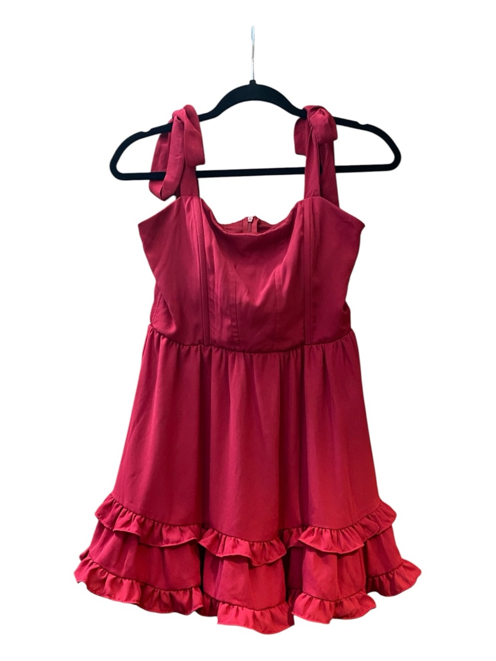 Lucy in the Sky Burgundy Wine Tie Strap Ruffle Mini Dress M Wedding Guest Party - Picture 2 of 8
